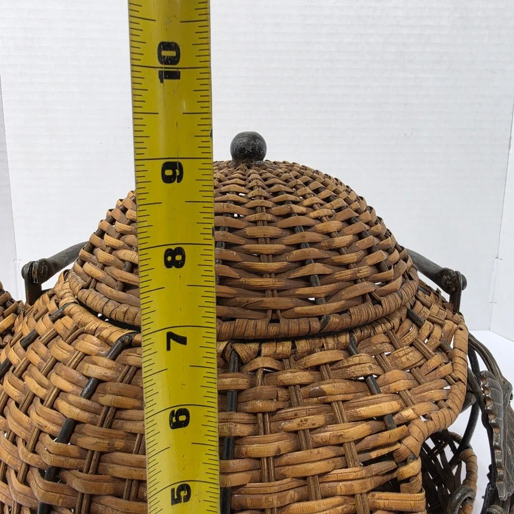 Rustic Woven Wicker Teapot Basket with Metal Leaf Vine Detail and Lid Brown